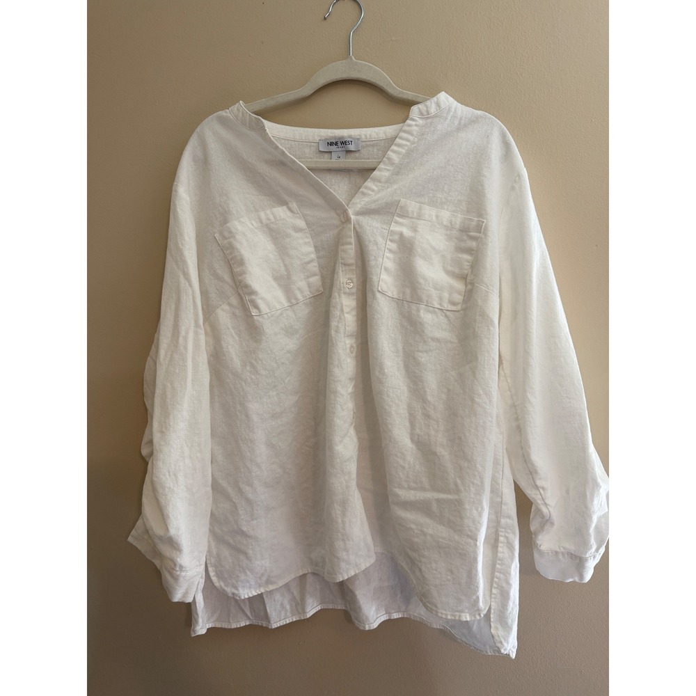 Nine West Womens 1X White Linen Blend Button Down Shirt Plus Size Pocket Top